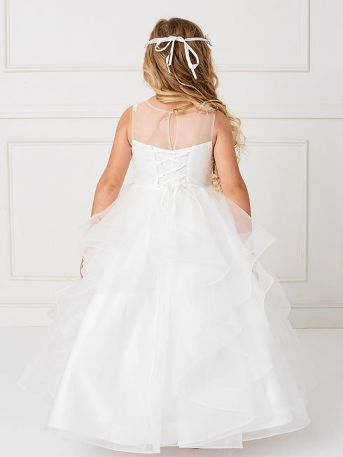 Girls Multi Color Illusion Neckline Lace Applique Trim Pageant Dress 2-12 - SophiasStyle.com